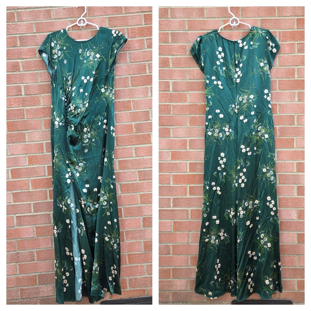 Reformation Birch Ruched Floral-Print Silk-Charmeuse Maxi Dress Green 12 Rare - Picture 3 of 9